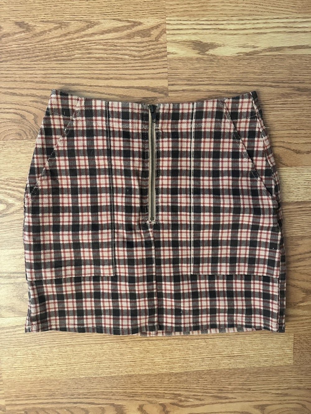 Plaid Zip-Front Mini Skirt in Black and Cream